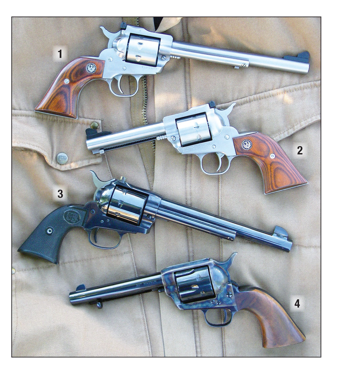 While the .327 Federal Magnum is available in several small revolvers intended for personal protection, Brian feels that it is at its best as a field cartridge in larger revolvers. Examples include the (1) Ruger Single-Seven (7½-inch barrel), (2) Ruger Single-Seven (45⁄8-inch barrel), (3) USFA eight-shot Sparrow Hawk (7½-inch barrel) and a (4) USFA Pre War (5½-inch barrel).